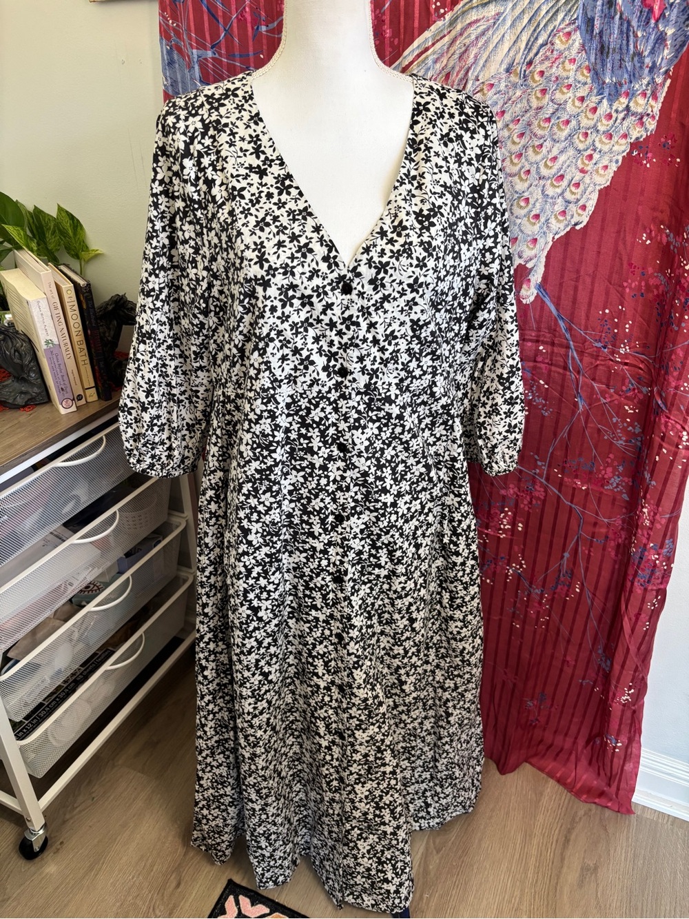 Hatch Black & White Floral V-Neck Cotton Midi Dress
